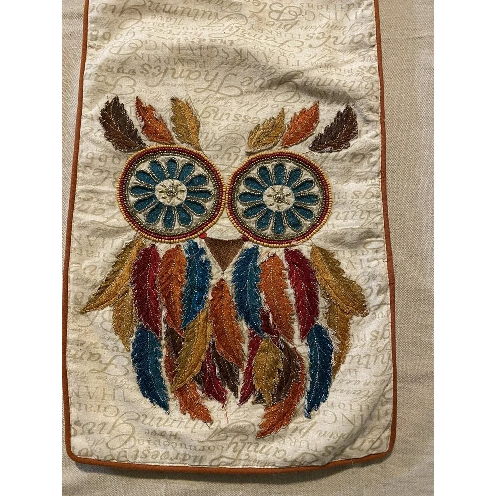 NWT Luxe Habitat Table Runner Boho Beaded Embroidered Owl Thanksgiving Fall